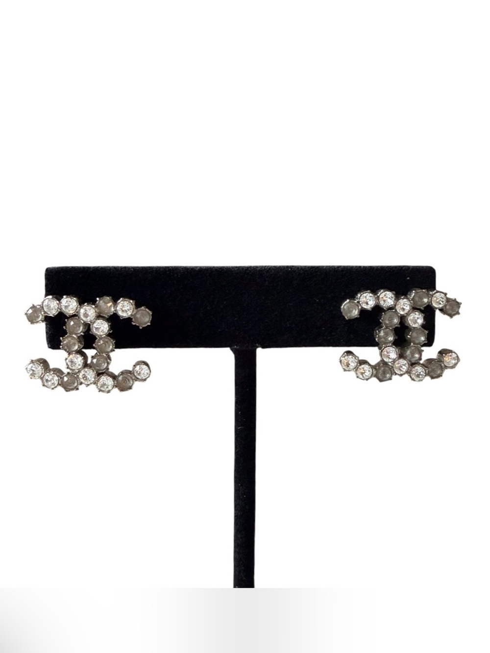 Chanel Silver Crystal CC Logo Stud Earrings B15